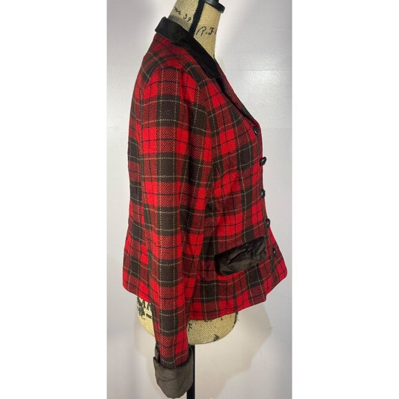 VTG Sz 8P Red & Brown Plaid Wool Blend Blazer Equestrian Academia Classic - Picture 5 of 10